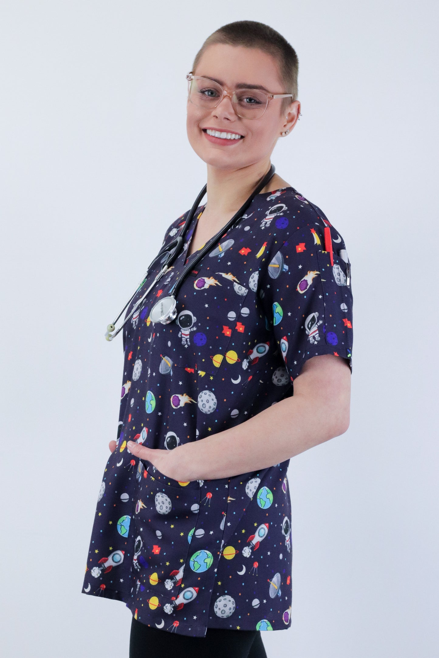 Space Print Scrub Top featuring Austronaut,Satallite , Earth ,Moon ,Star