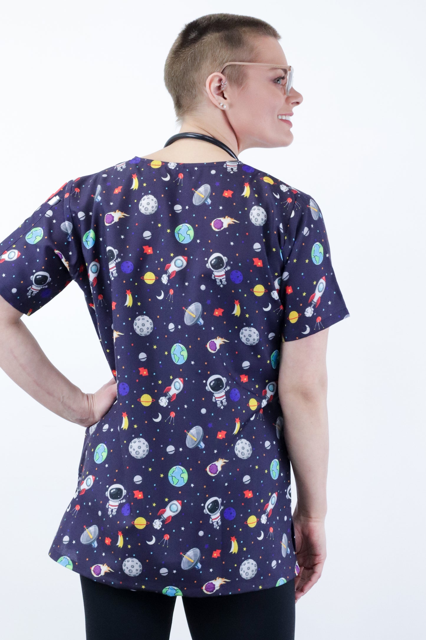 Space Print Scrub Top featuring Austronaut,Satallite , Earth ,Moon ,Star