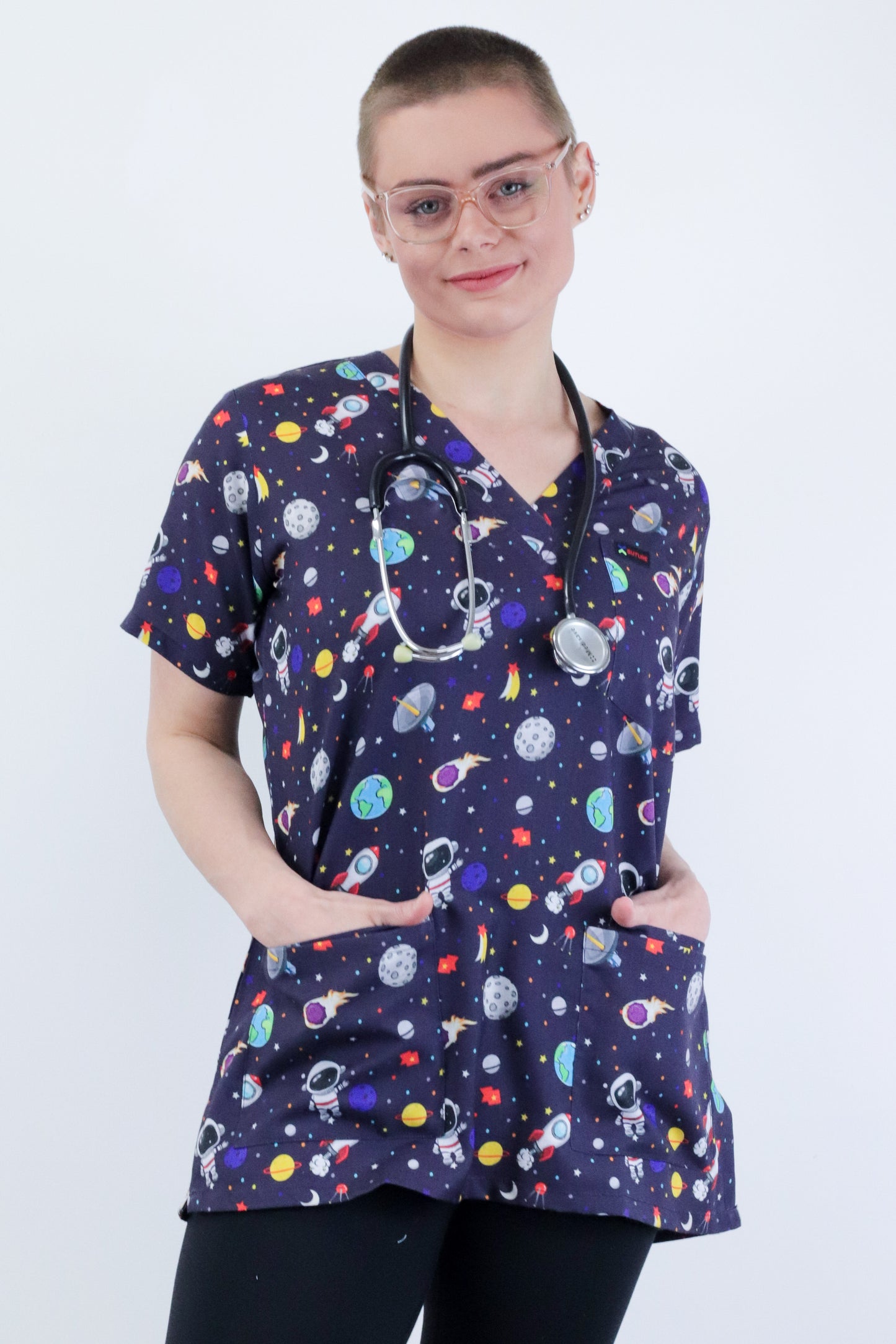 Space Print Scrub Top featuring Austronaut,Satallite , Earth ,Moon ,Star