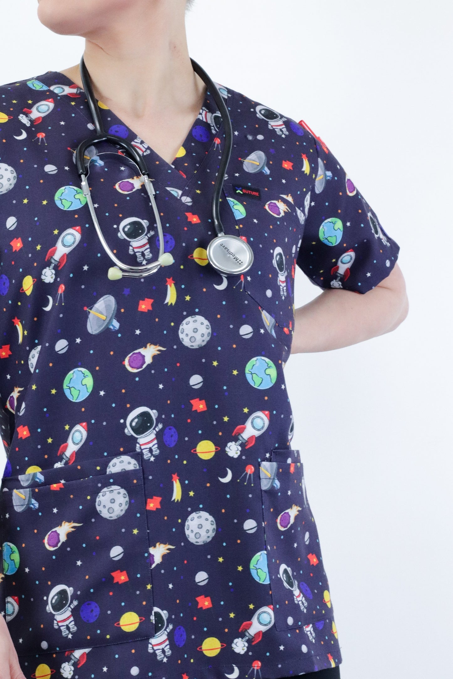 Space Print Scrub Top featuring Austronaut,Satallite , Earth ,Moon ,Star