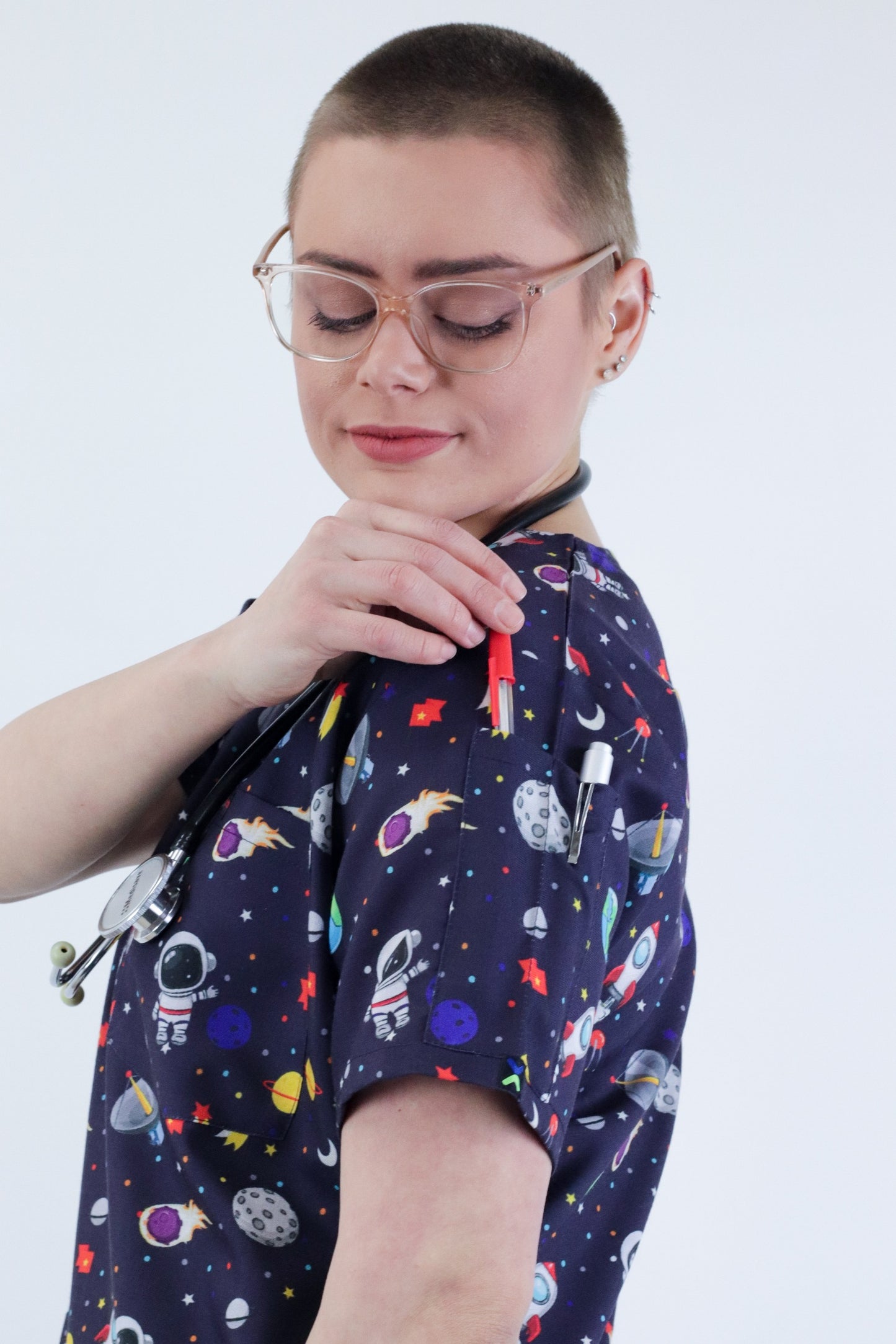 Space Print Scrub Top featuring Austronaut,Satallite , Earth ,Moon ,Star