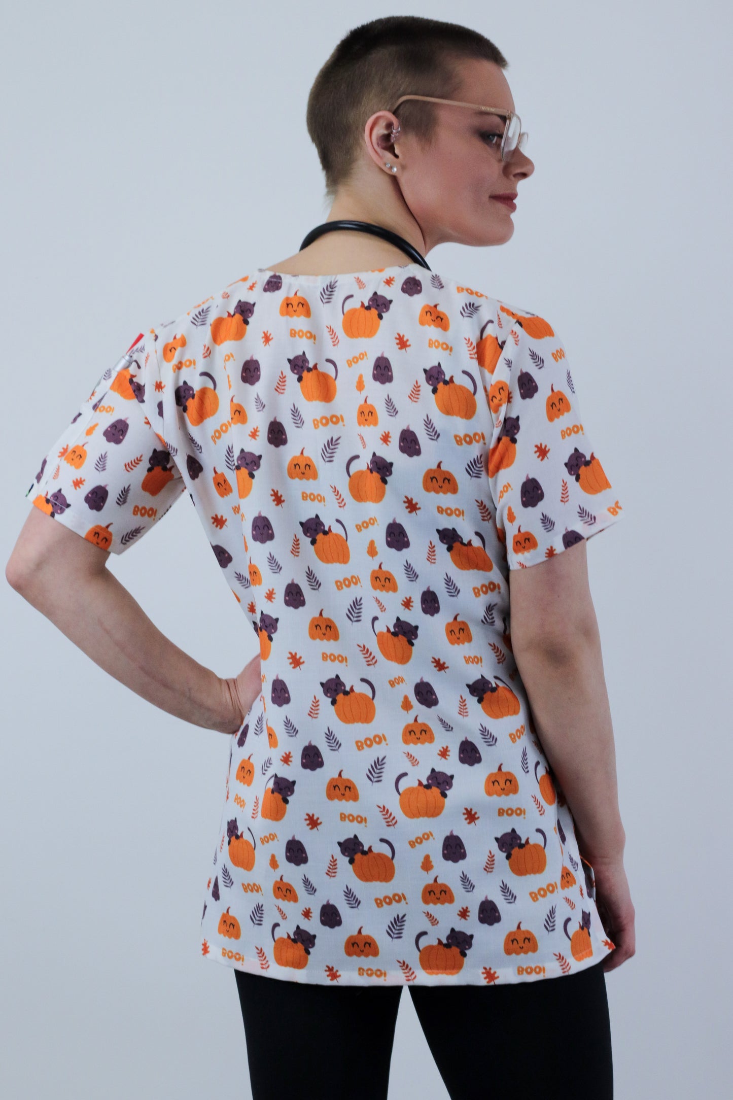 Halloween Pumpkin Cat  Printed Scrub Top For Australia Nursing