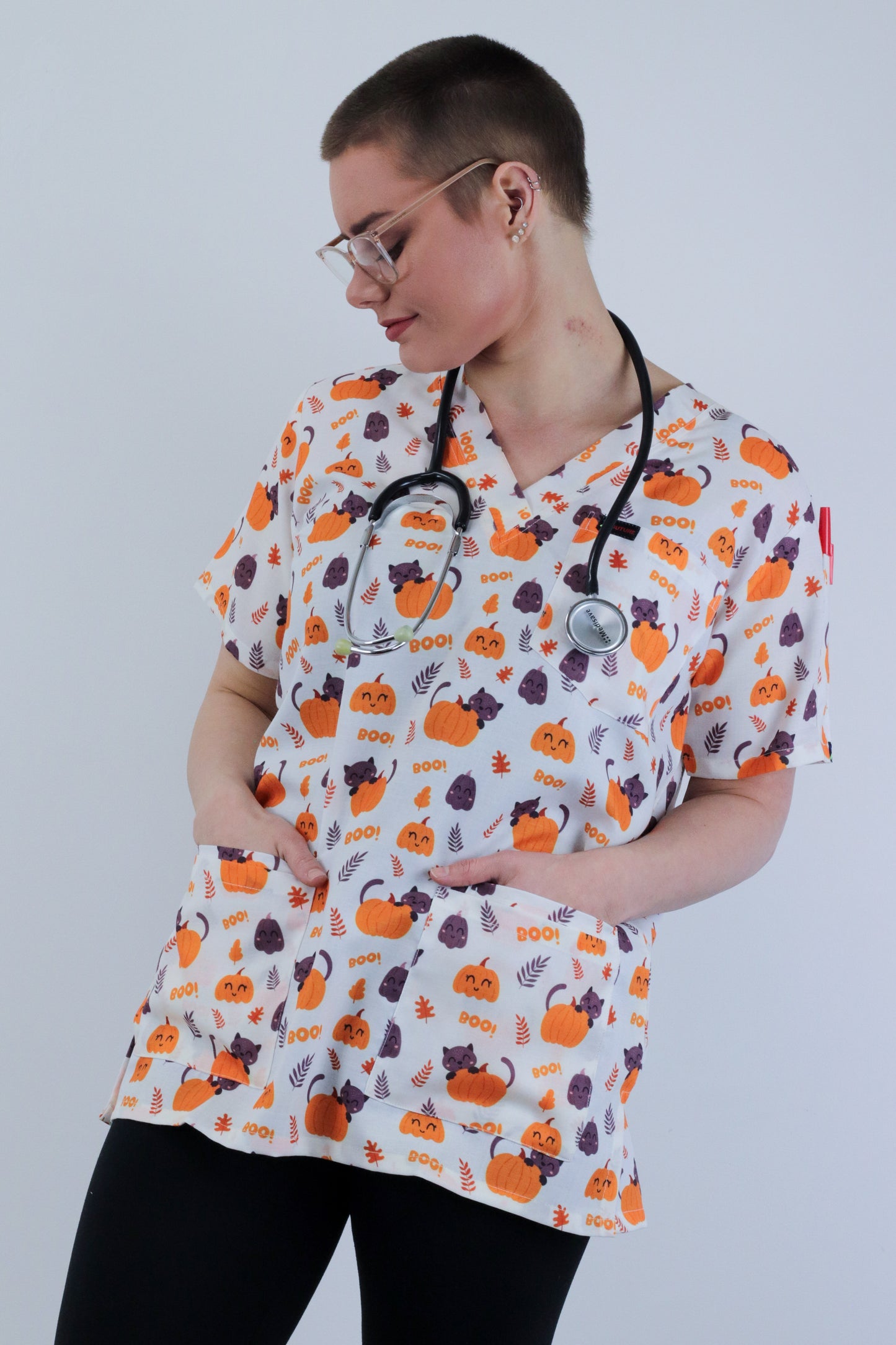 Halloween Pumpkin Cat  Printed Scrub Top For Australia Nursing