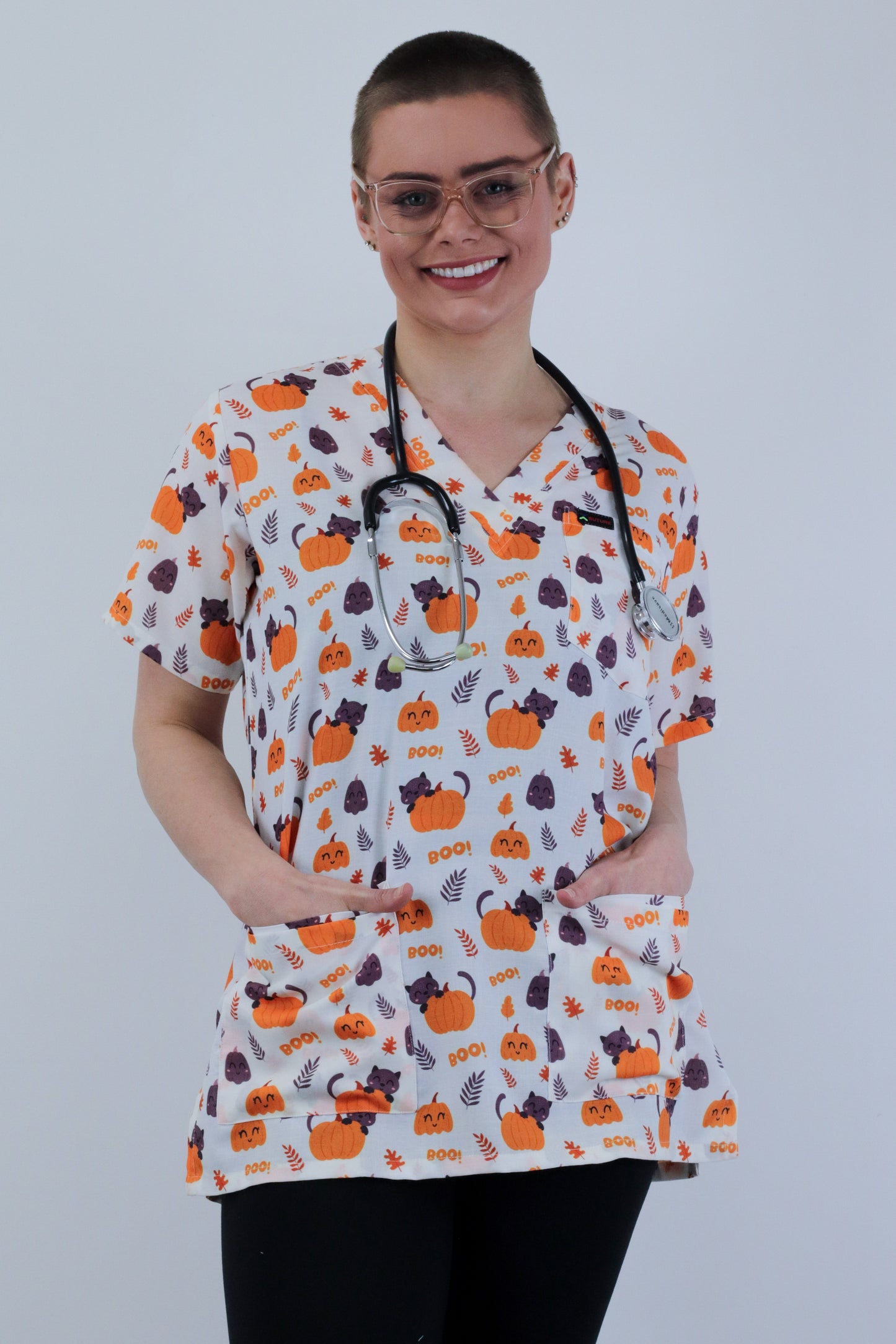 Halloween Pumpkin Cat  Printed Scrub Top For Australia Nursing