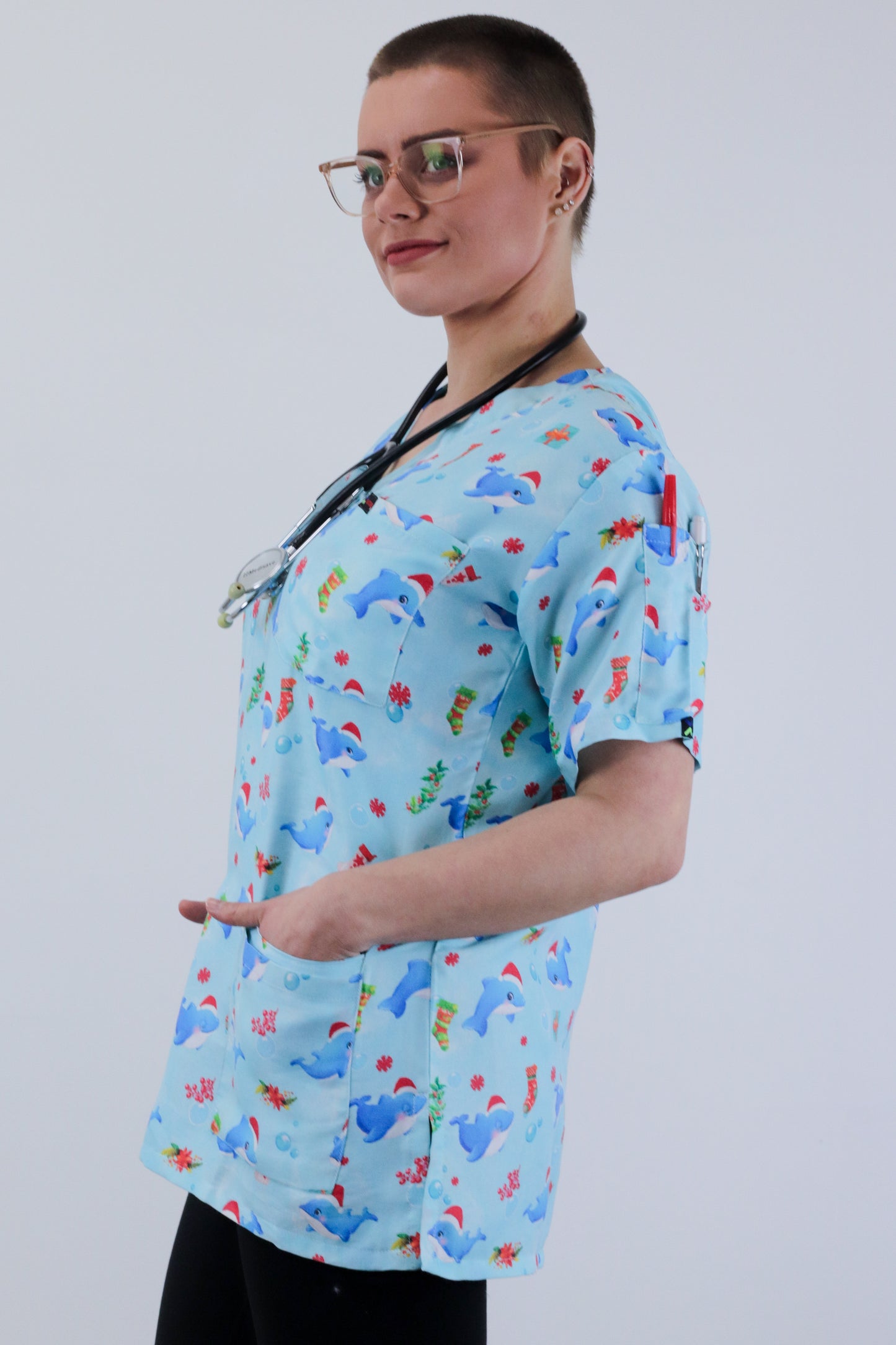 Cute Dolphin Printed Christmas Scrub Top Australia Men and Women Nurses