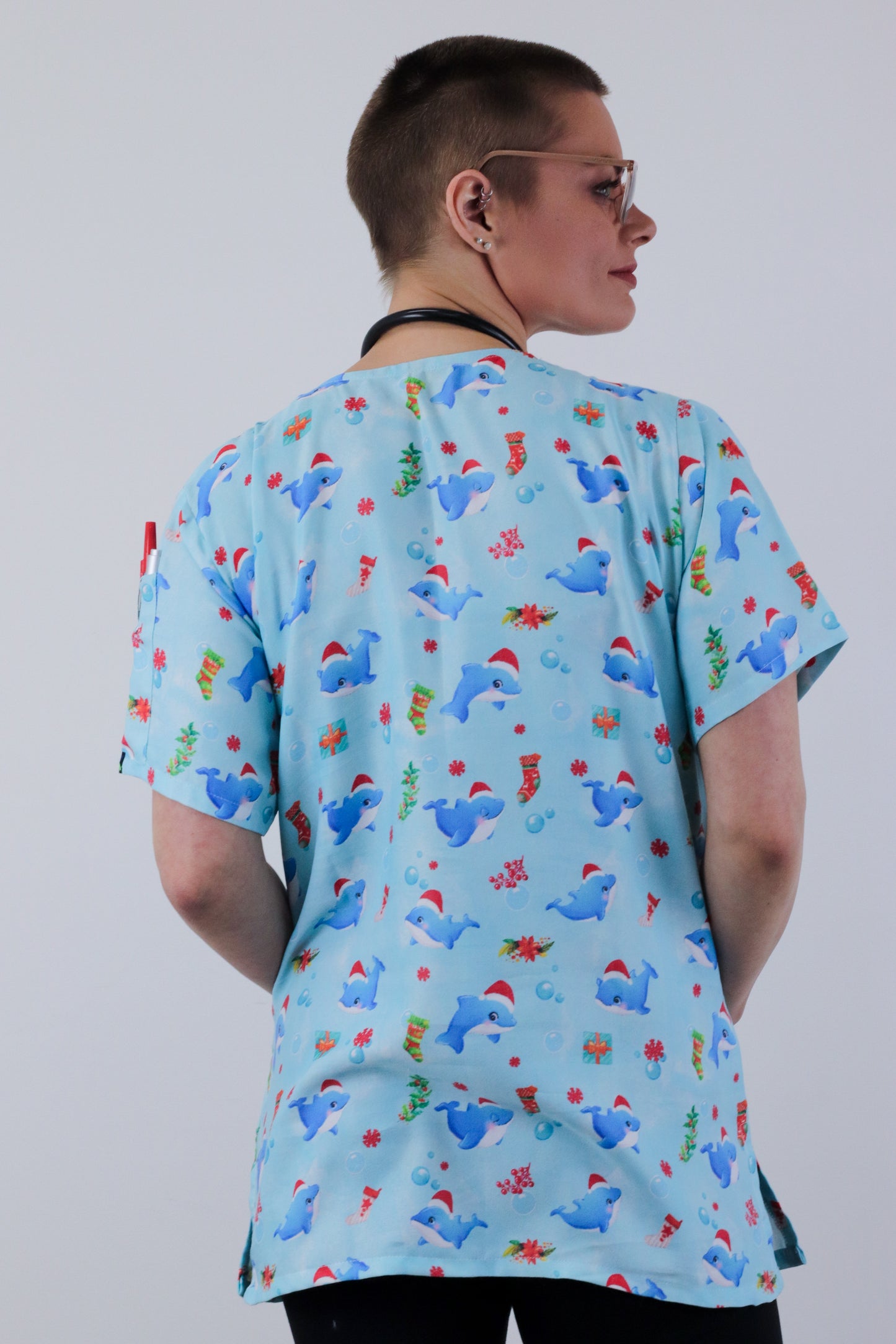 Cute Dolphin Printed Christmas Scrub Top Australia Men and Women Nurses