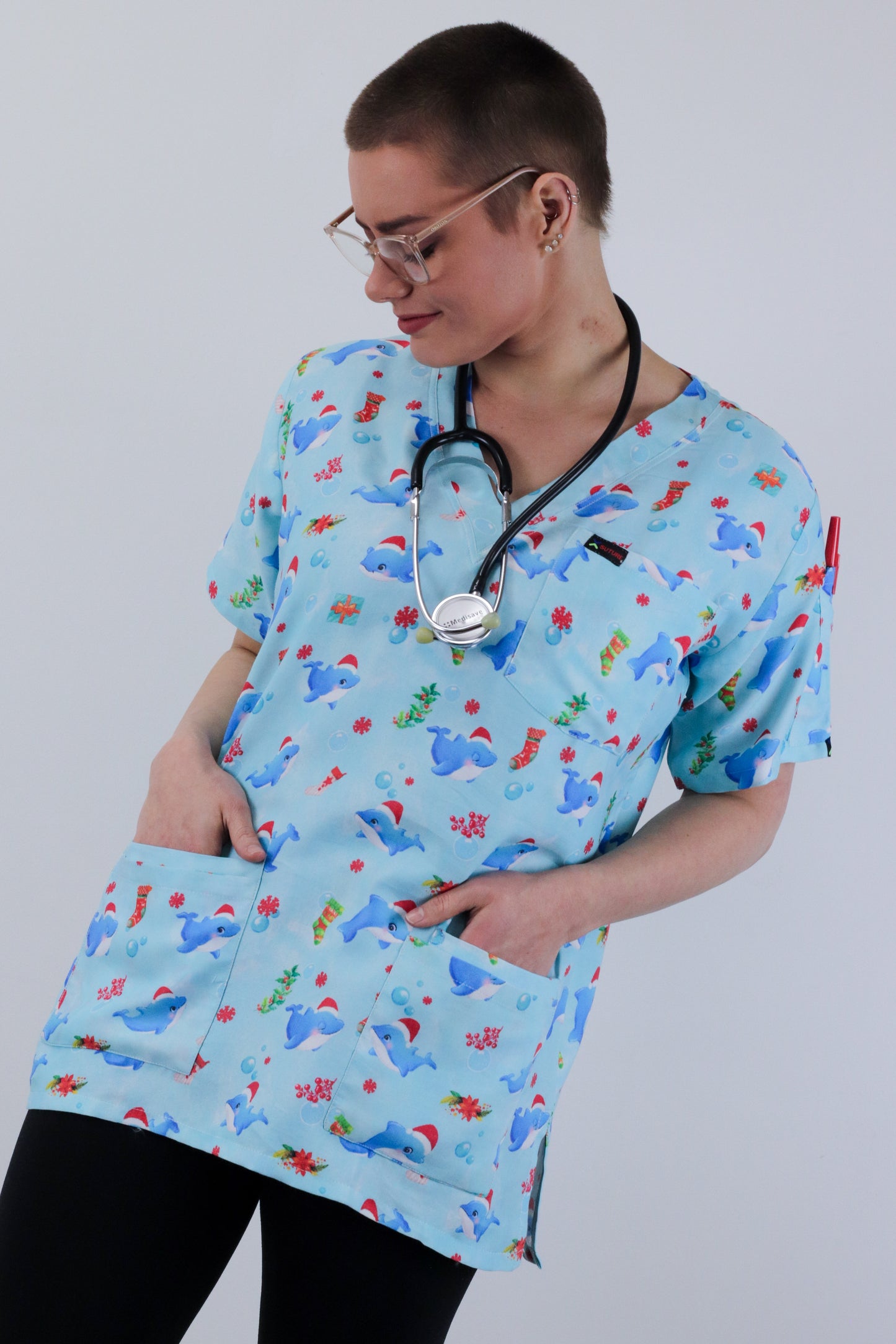 Cute Dolphin Printed Christmas Scrub Top Australia Men and Women Nurses