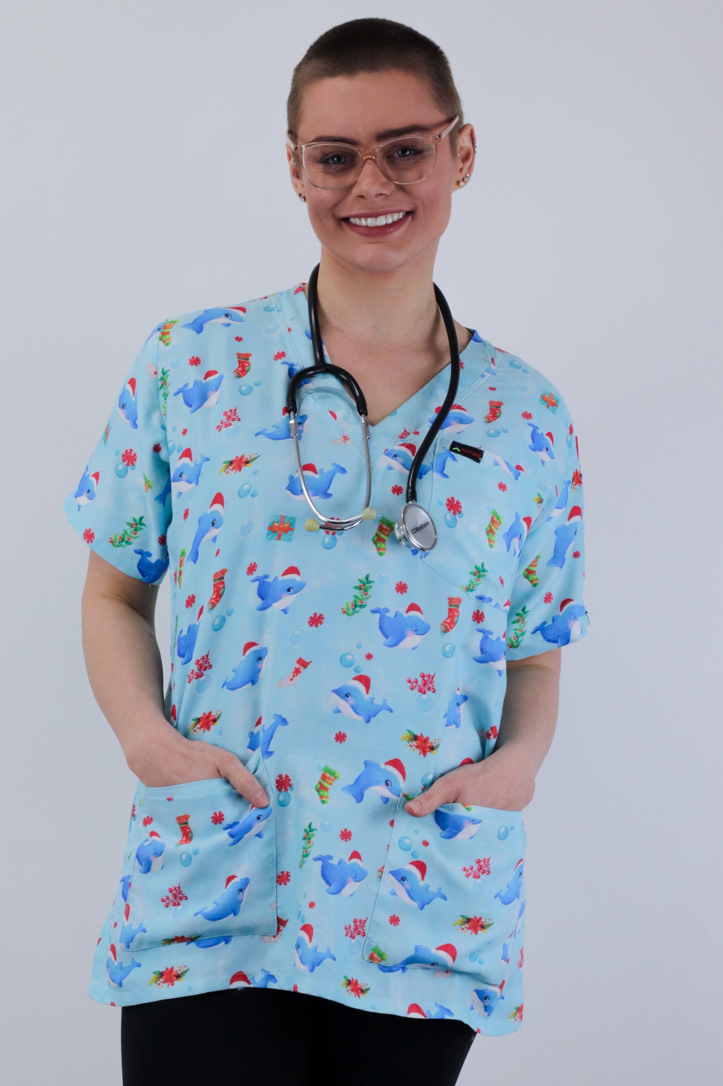 Cute Dolphin Printed Christmas Scrub Top Australia Men and Women Nurses