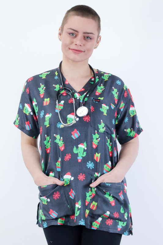 Cactus Printed Christmas Scrub Top Australia