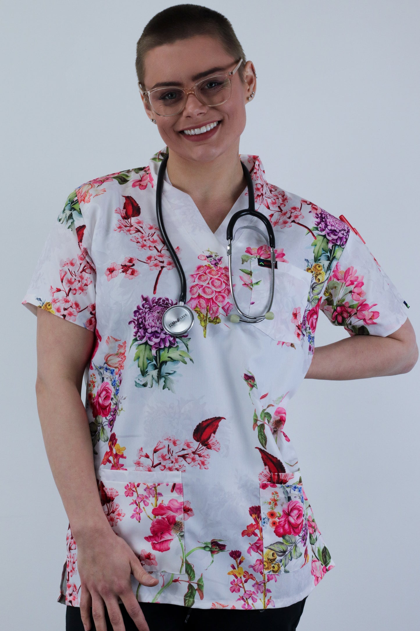 Flower Printed Medical Nursing Scrub Top Australia Floral