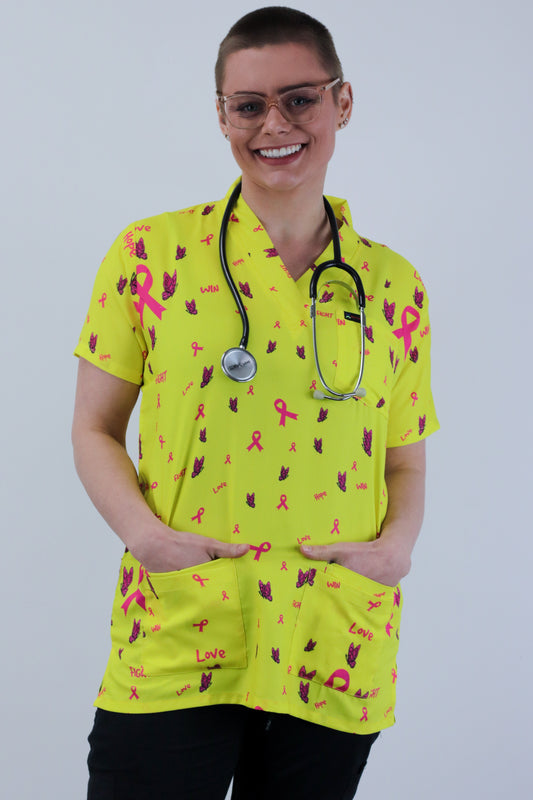 Cancer Care Printed  Scrub Top With Butterflies and Pink ribbon