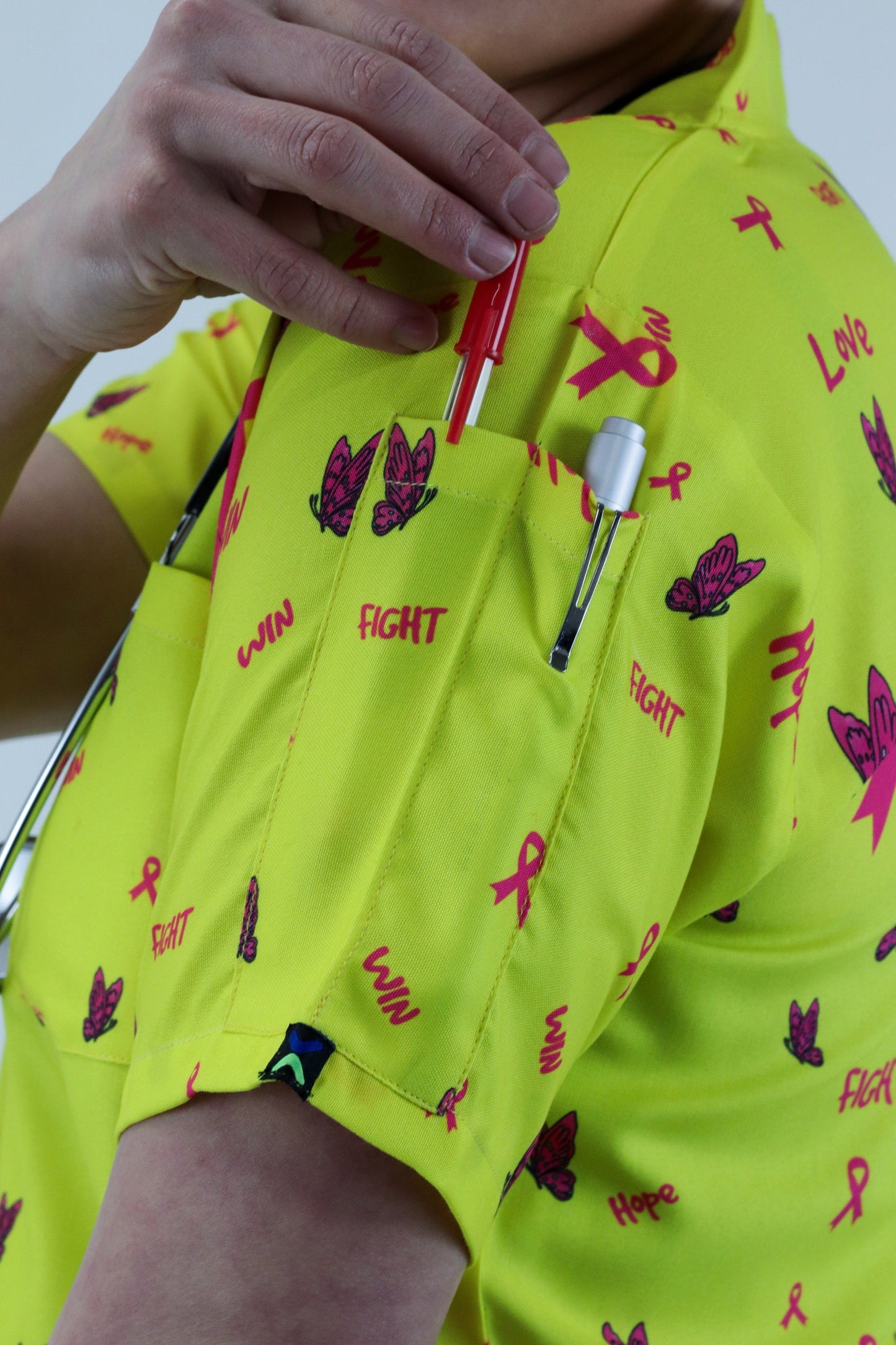 Cancer Care Printed  Scrub Top With Butterflies and Pink ribbon