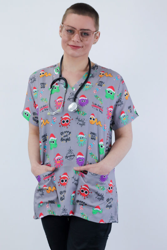 Virus Bacteria Microbs Printed Christmas Scrub Top Australia