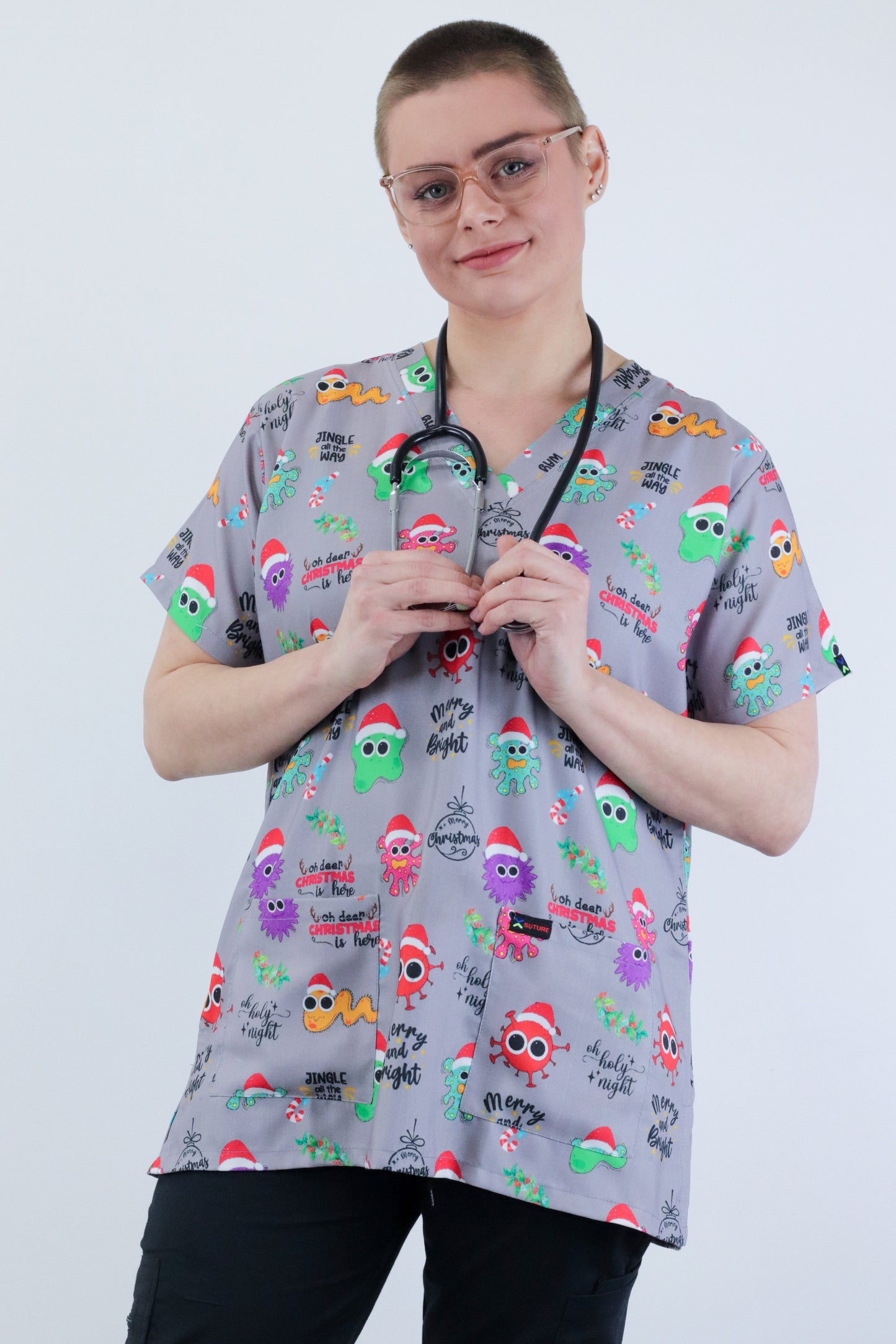 Virus Bacteria Microbs Printed Christmas Scrub Top Australia