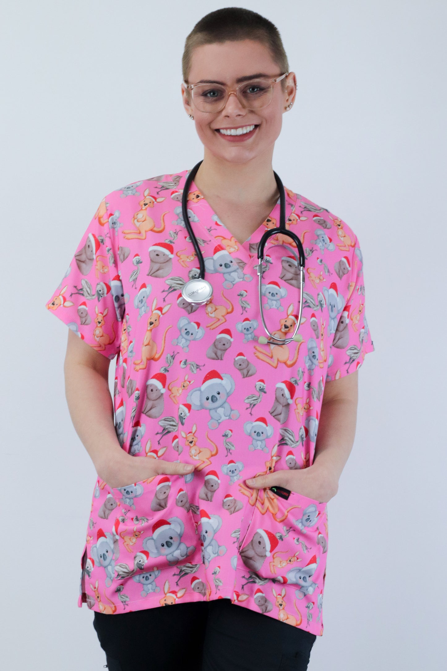 kangaroo,koala, emu and wombat Printed Pink Christmas  Scrub Top Australia