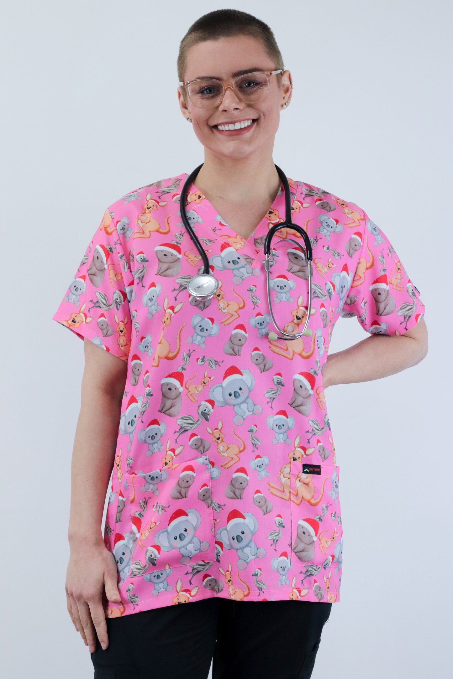 kangaroo,koala, emu and wombat Printed Pink Christmas  Scrub Top Australia