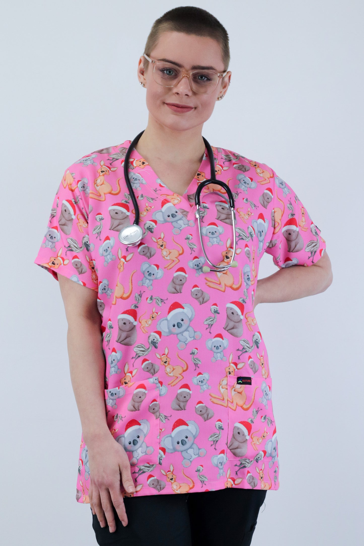 kangaroo,koala, emu and wombat Printed Pink Christmas  Scrub Top Australia