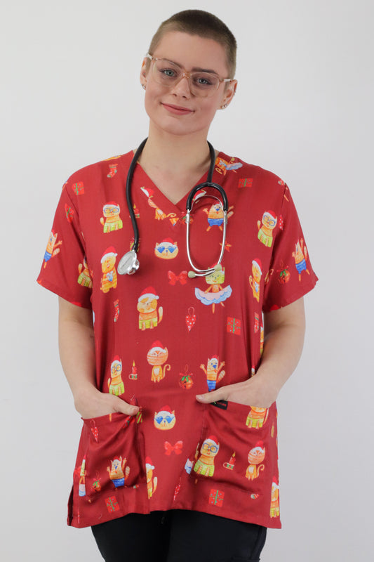 Ginger Cat Printed Christmas Scrub Top Australia