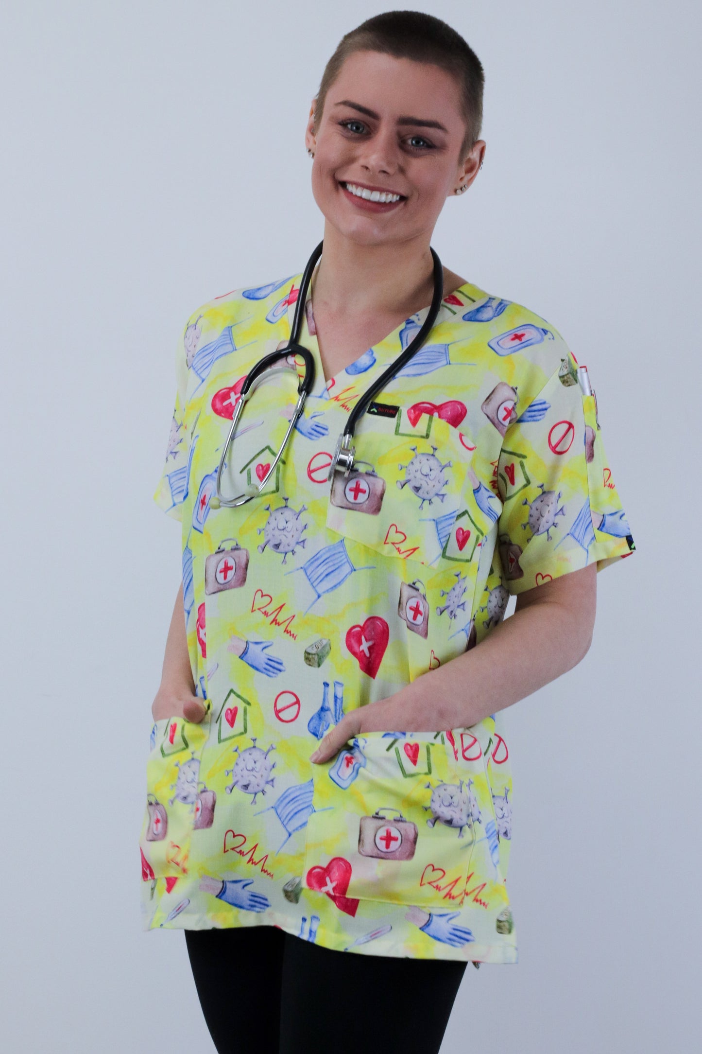 Medical Hospital Printed Scrub Top Featuring Heart sign , Thermometer , Gloves ,Mask , Hand sanitser