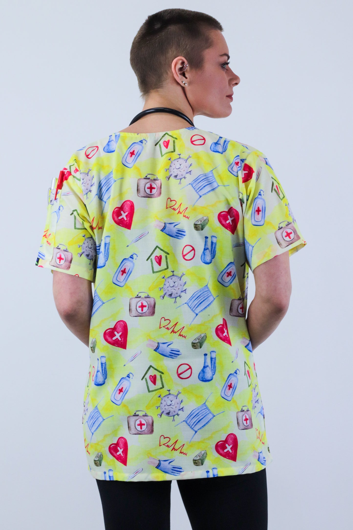 Medical Hospital Printed Scrub Top Featuring Heart sign , Thermometer , Gloves ,Mask , Hand sanitser