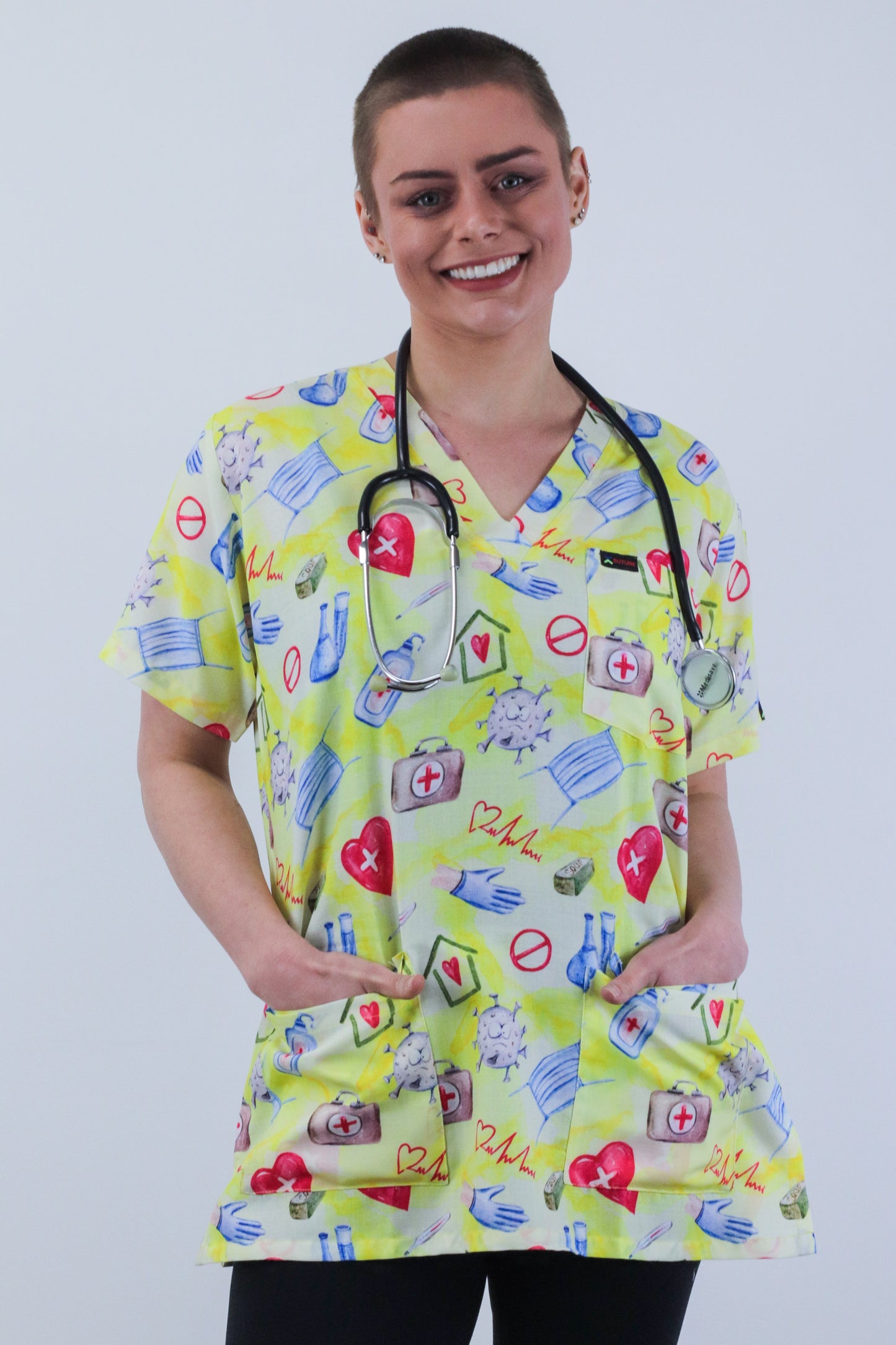 Medical Hospital Printed Scrub Top Featuring Heart sign , Thermometer , Gloves ,Mask , Hand sanitser