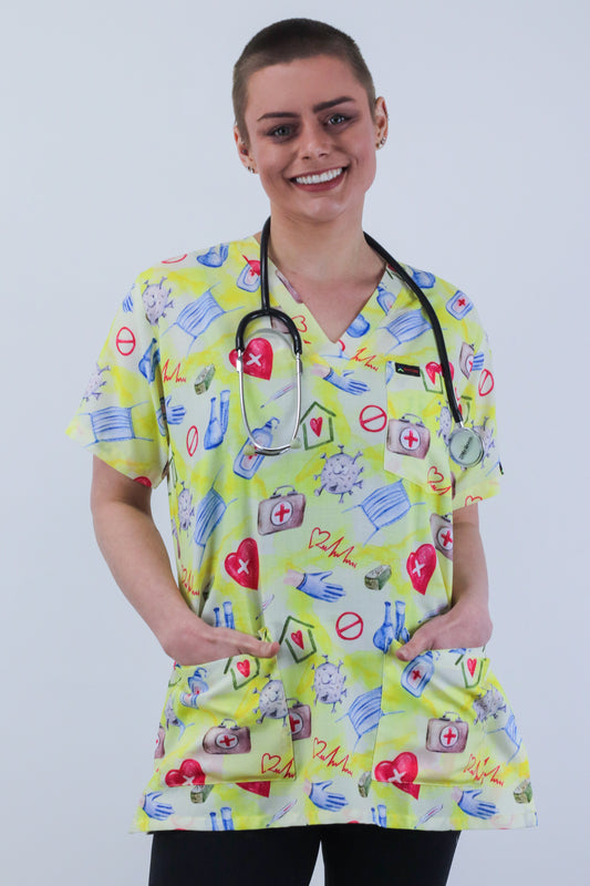 Medical Hospital Printed Scrub Top Featuring Heart sign , Thermometer , Gloves ,Mask , Hand sanitser