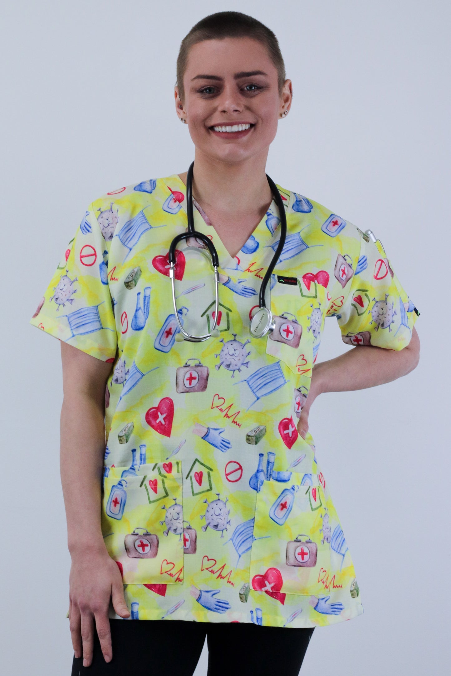 Medical Hospital Printed Scrub Top Featuring Heart sign , Thermometer , Gloves ,Mask , Hand sanitser