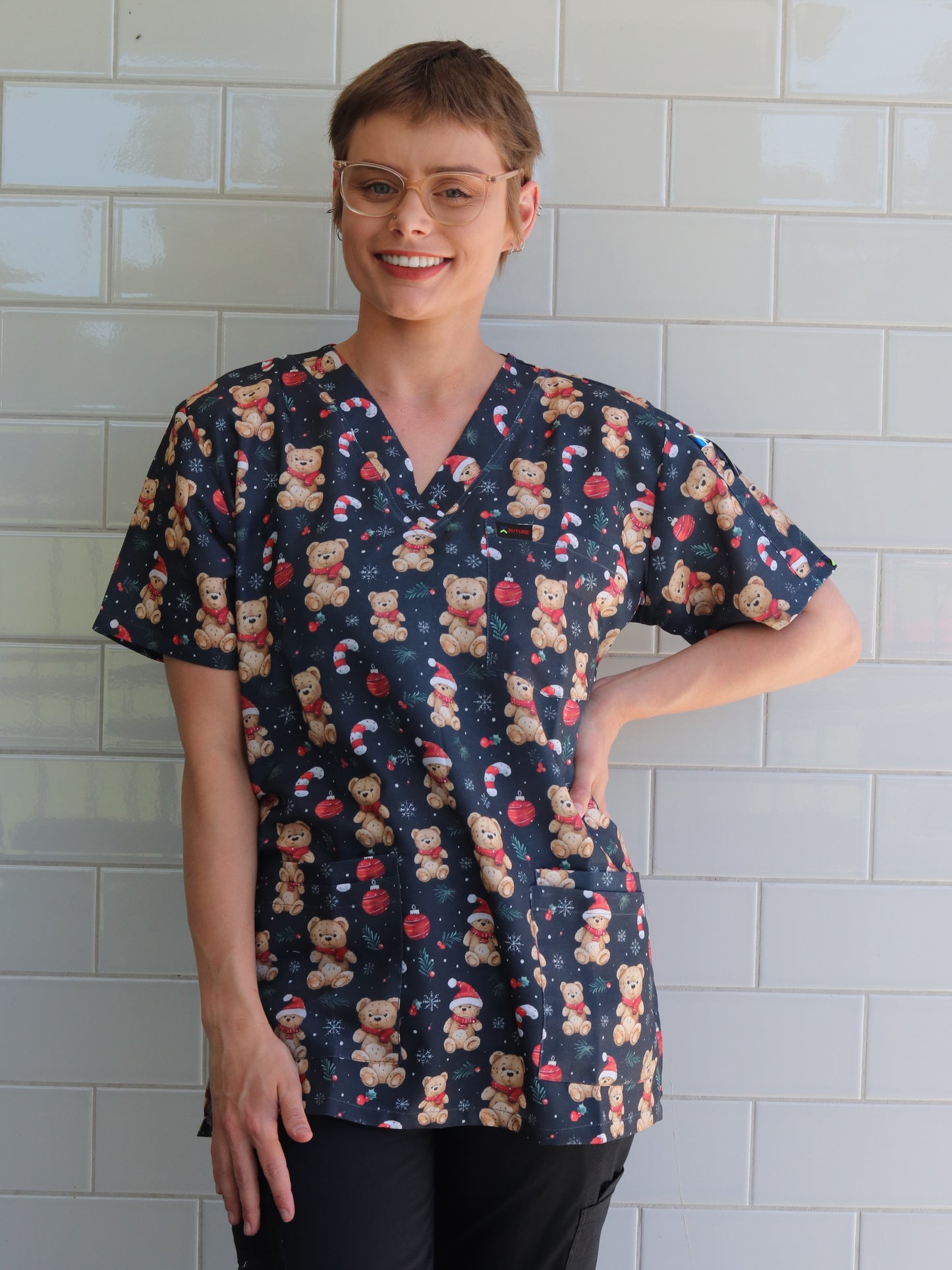 Christmas Teddy Bear Printed Fun  Scrub Top Australia