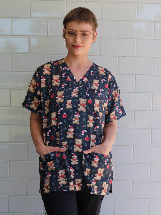 Christmas Teddy Bear Printed Fun  Scrub Top Australia