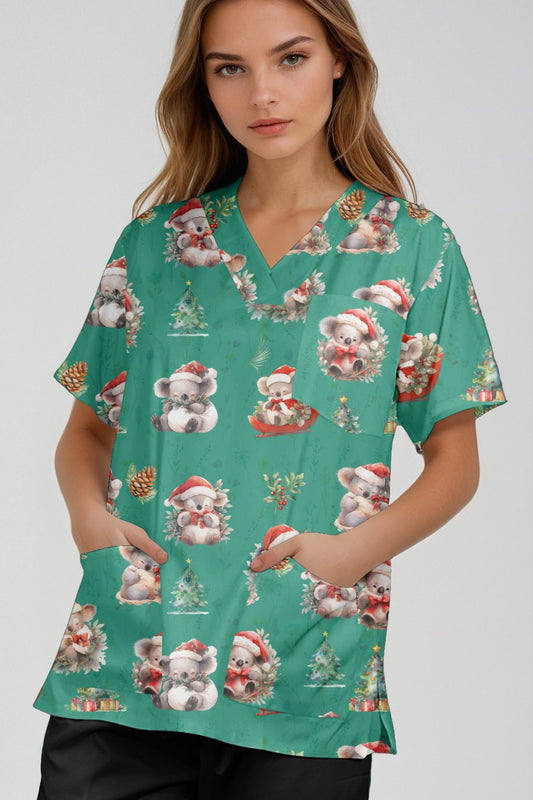 koala Printed  Red Christmas  Scrub Top Australia