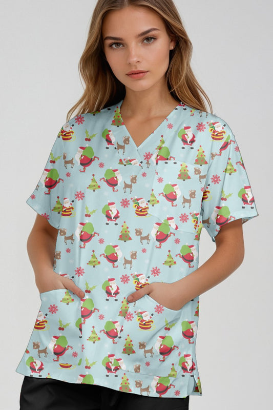 Santa with Gift And Reindeer Christamas  Printed Scrub Top Australia