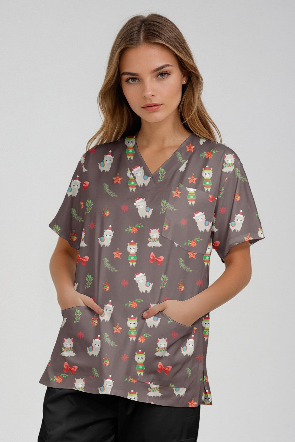 Llama Alpaca Printed Cute Fun Christmas Scrub Top Australia