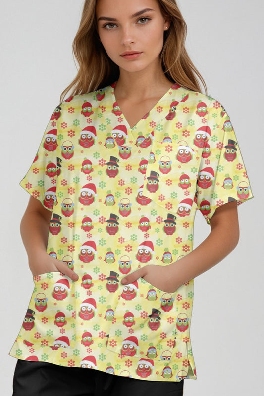 Owl Printed Christmas Scrub Top Australia