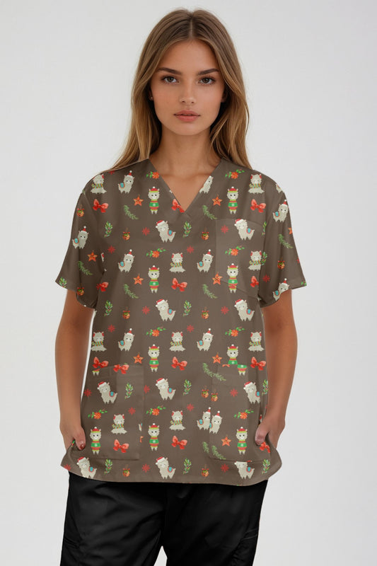 Llama Alpaca Printed Cute Fun Christmas Scrub Top Australia