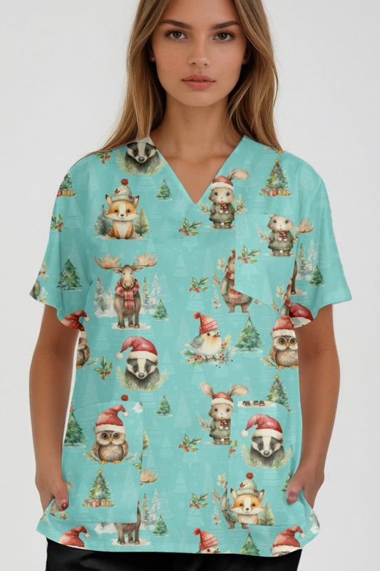 Christmas Animal Bear Owl Fox Printed Fun  Scrub Top Australia