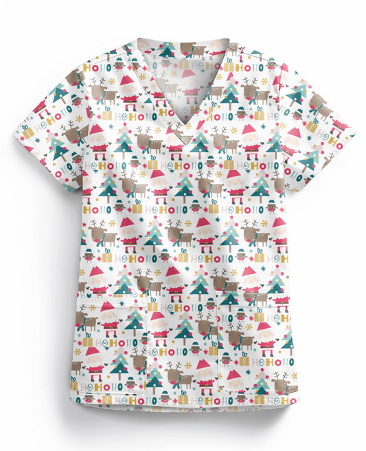 Christmas Scrub Top Santa Reindeer HoHo