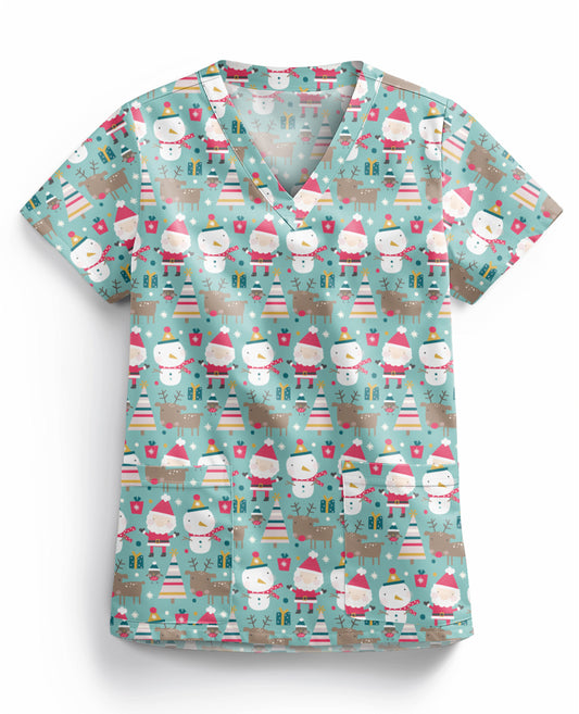 Christmas Scrub Top Santa Snowman Reindeer