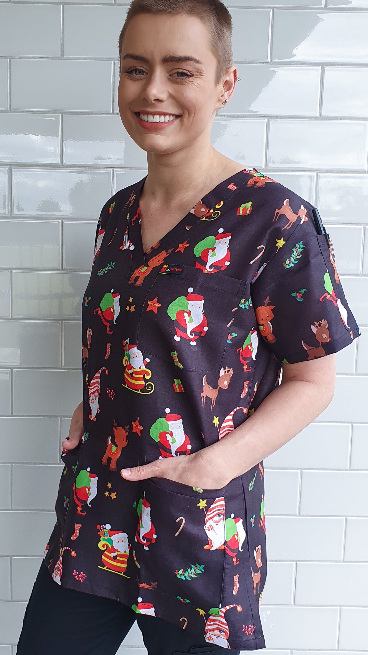 Santa Reindeer Printed Black Christmas Scrub Top Australia