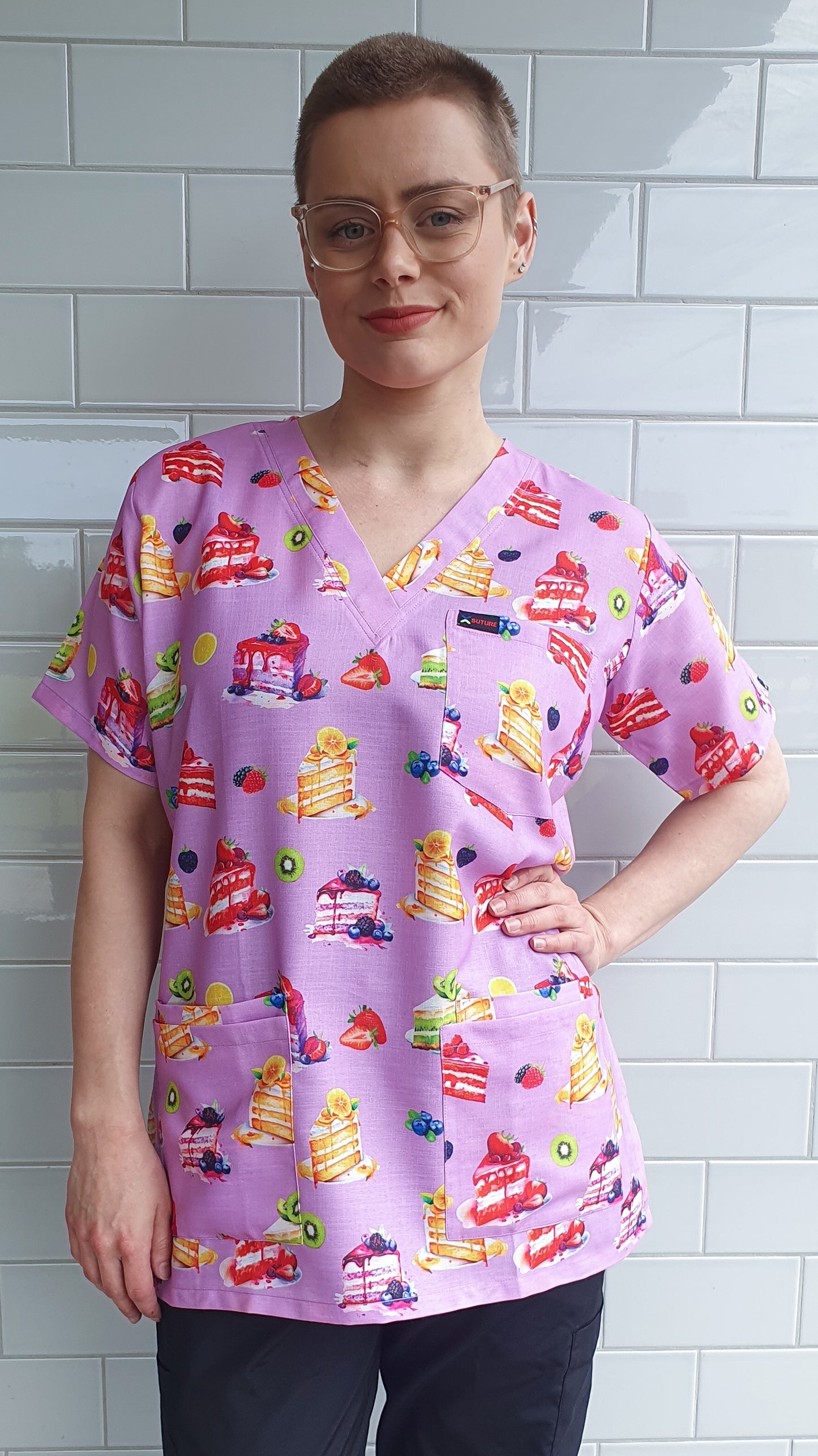 Cake Slice With Fruits Printed Fun Scrub Top Australia