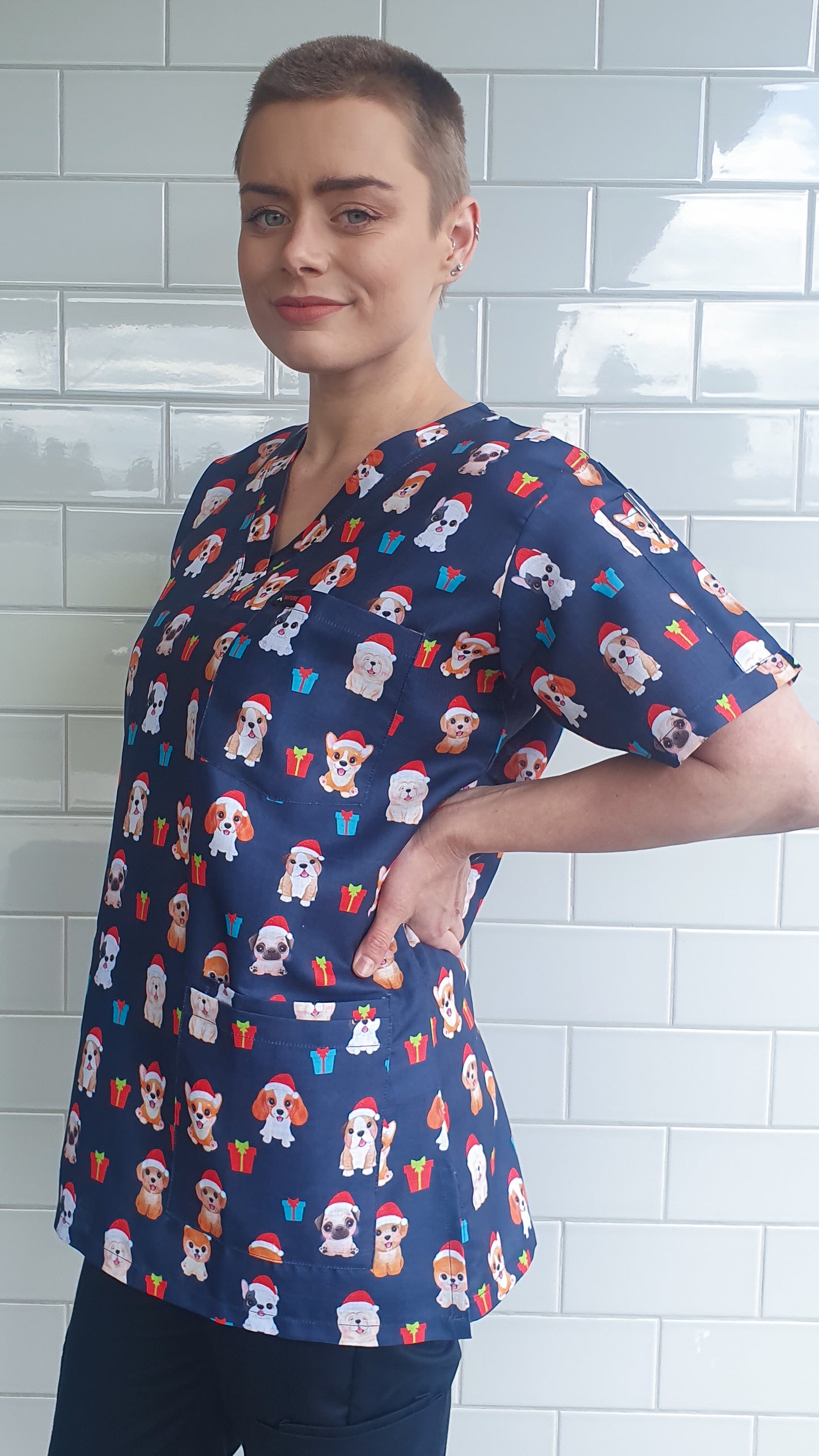 Christmas Scrub Top Australia Cute Dog Printed