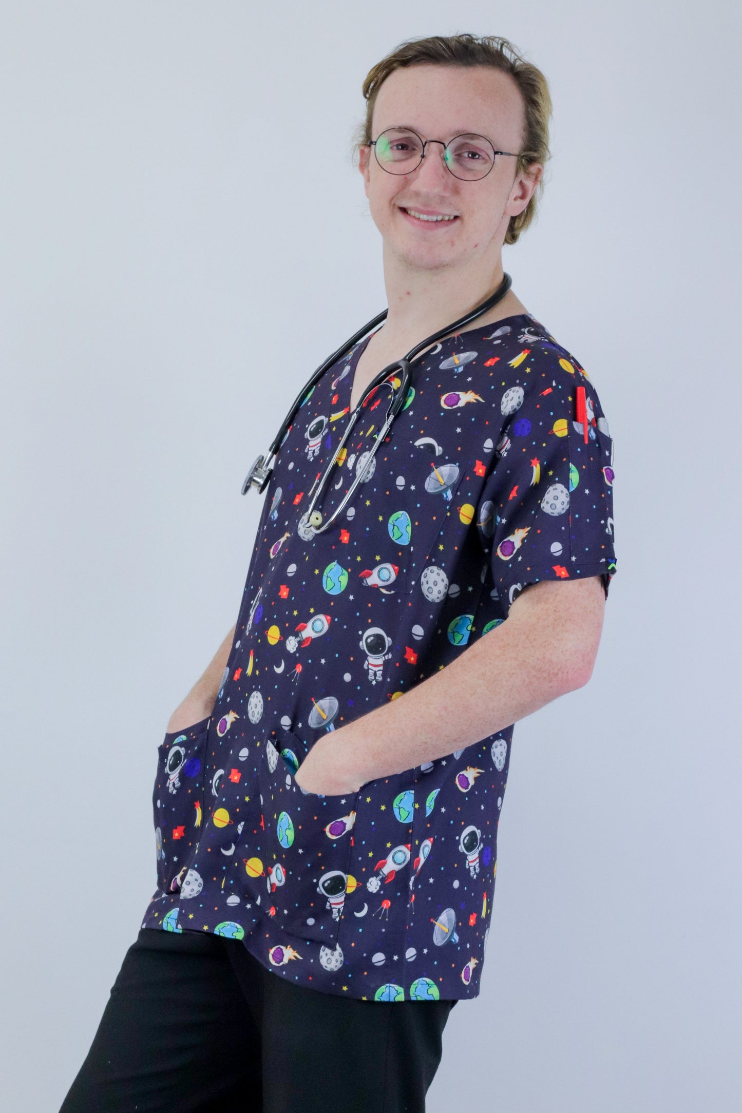 Space Print Scrub Top featuring Austronaut,Satallite , Earth ,Moon ,Star