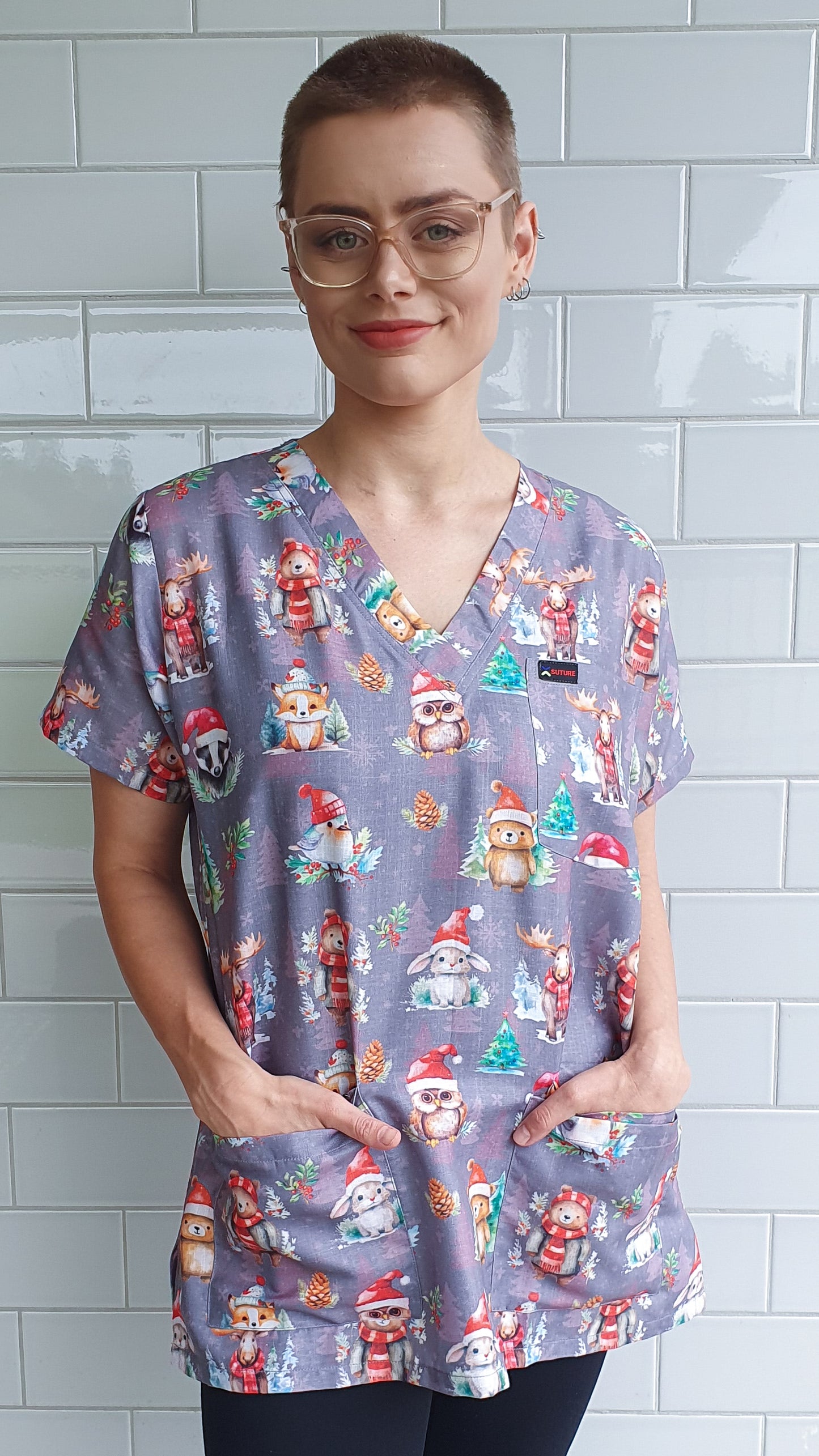 Grey Christmas Animal Printed Fun  Scrub Top Australia