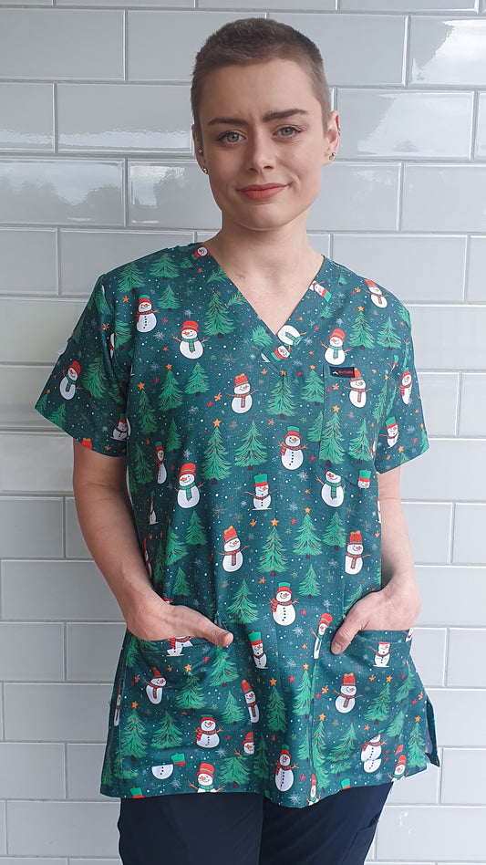 Christmas Snowman and Trees  Printed Scrub Top Australia