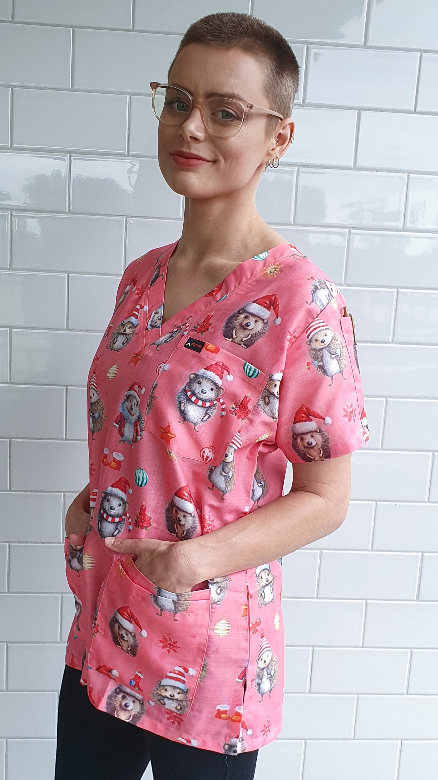 Hedgehog Christmas Printed Fun  Scrub Top Australia