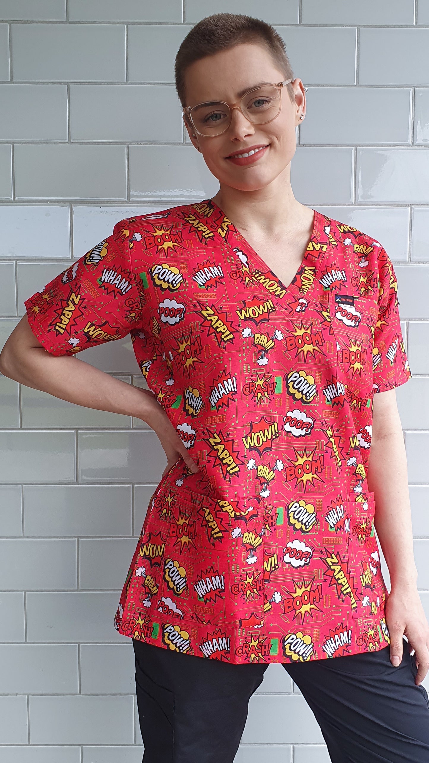 Comics Bubbles Super Hero Printed Fun Scrub Top Australia