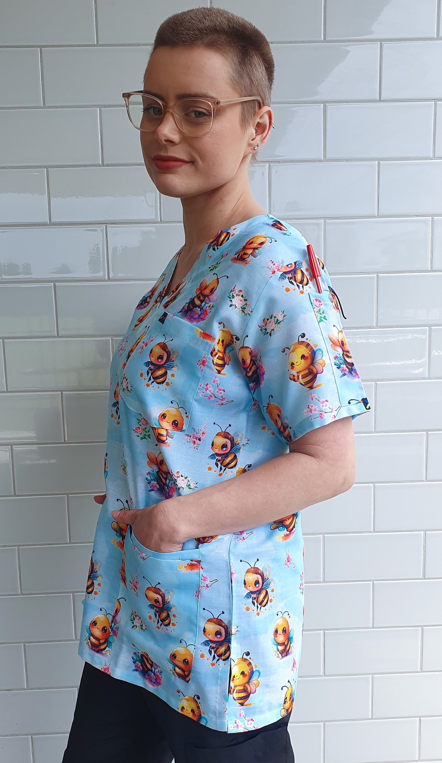 Cute Bees With Flowers Printed Fun Scrub Top Australia