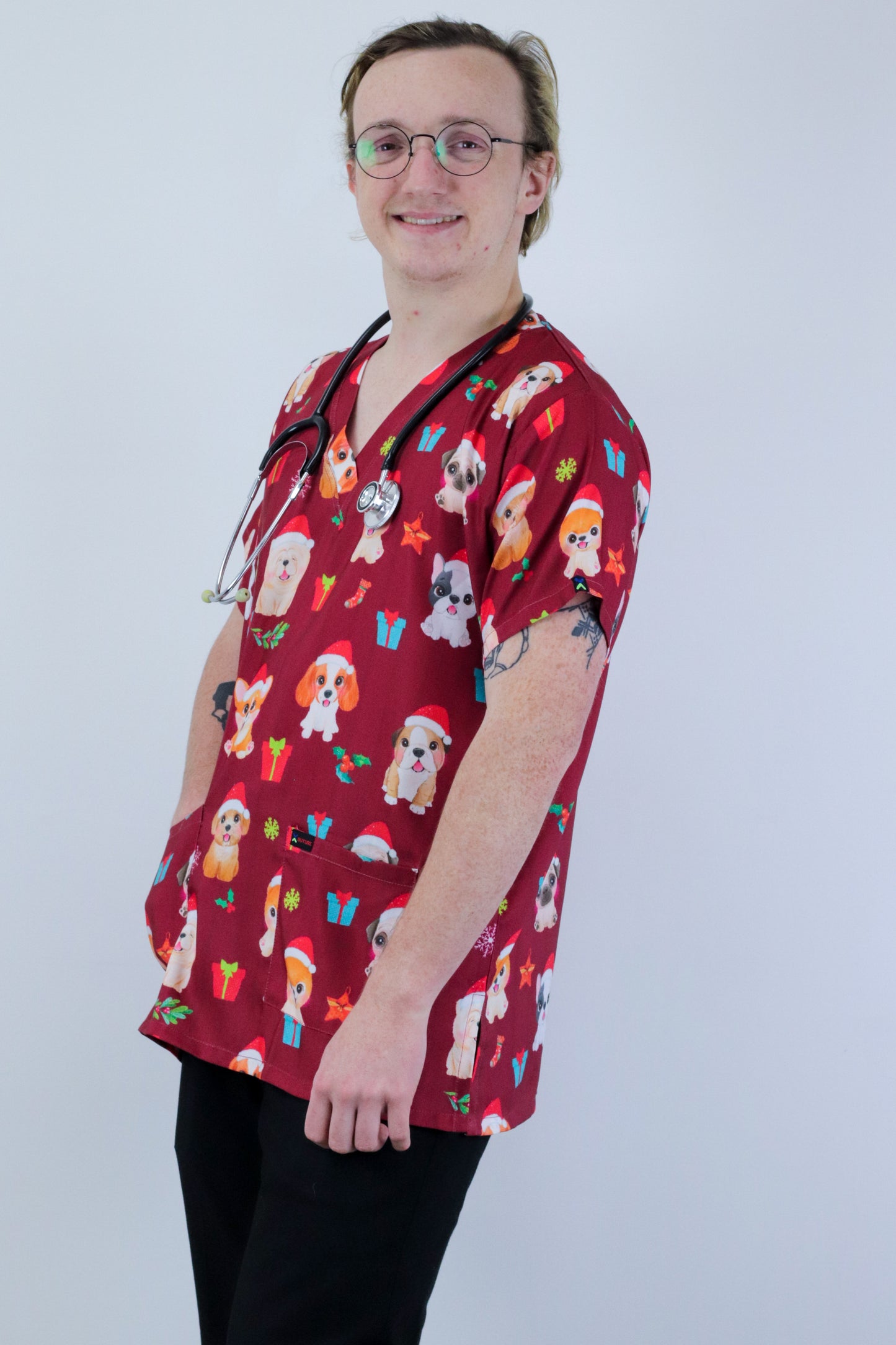 Dog Christmas Printed Medical Nursing Scrub Top Red