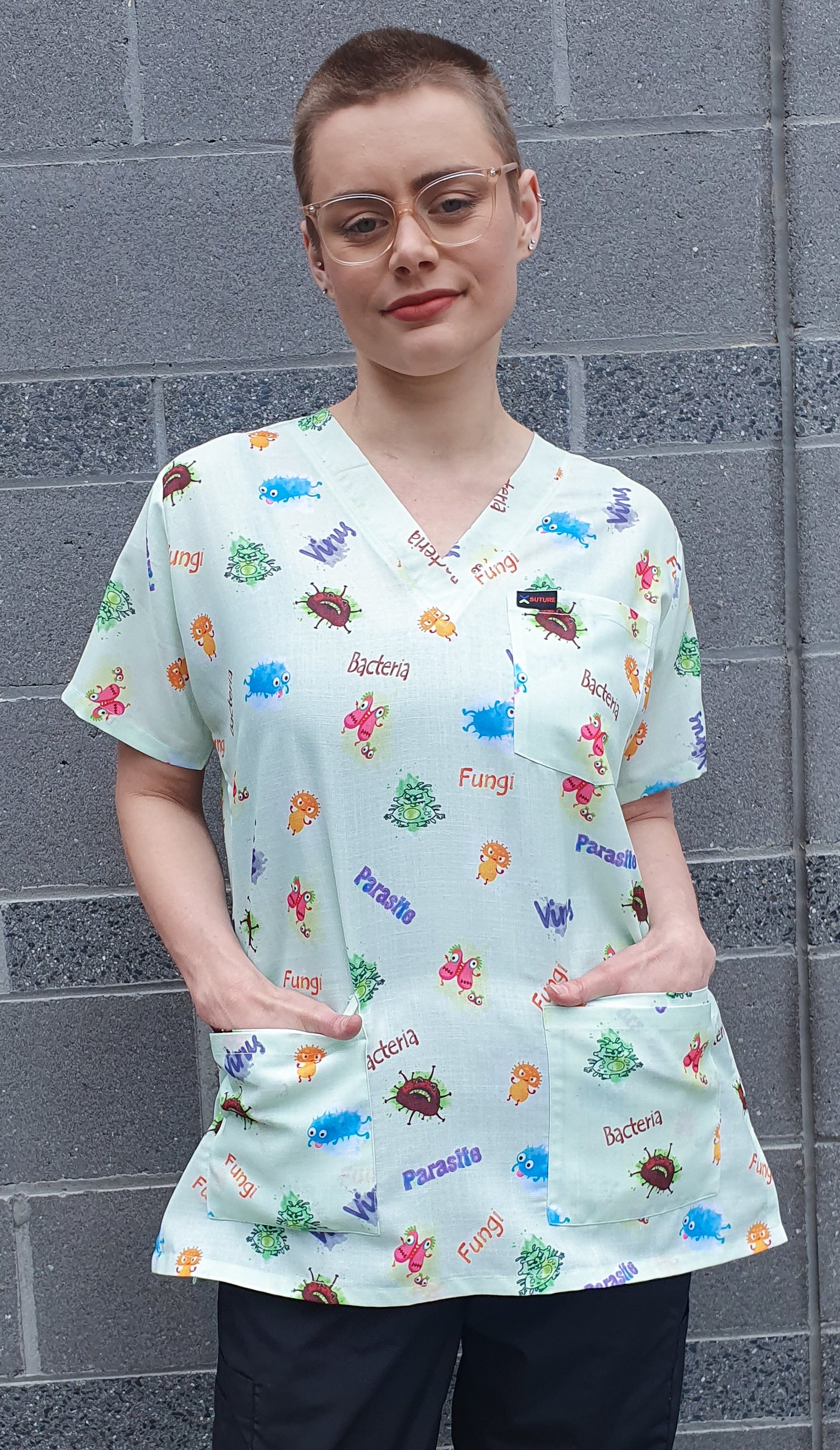 Cute Microorganism Bacteria Virus  Fungi Printed Scrub Top