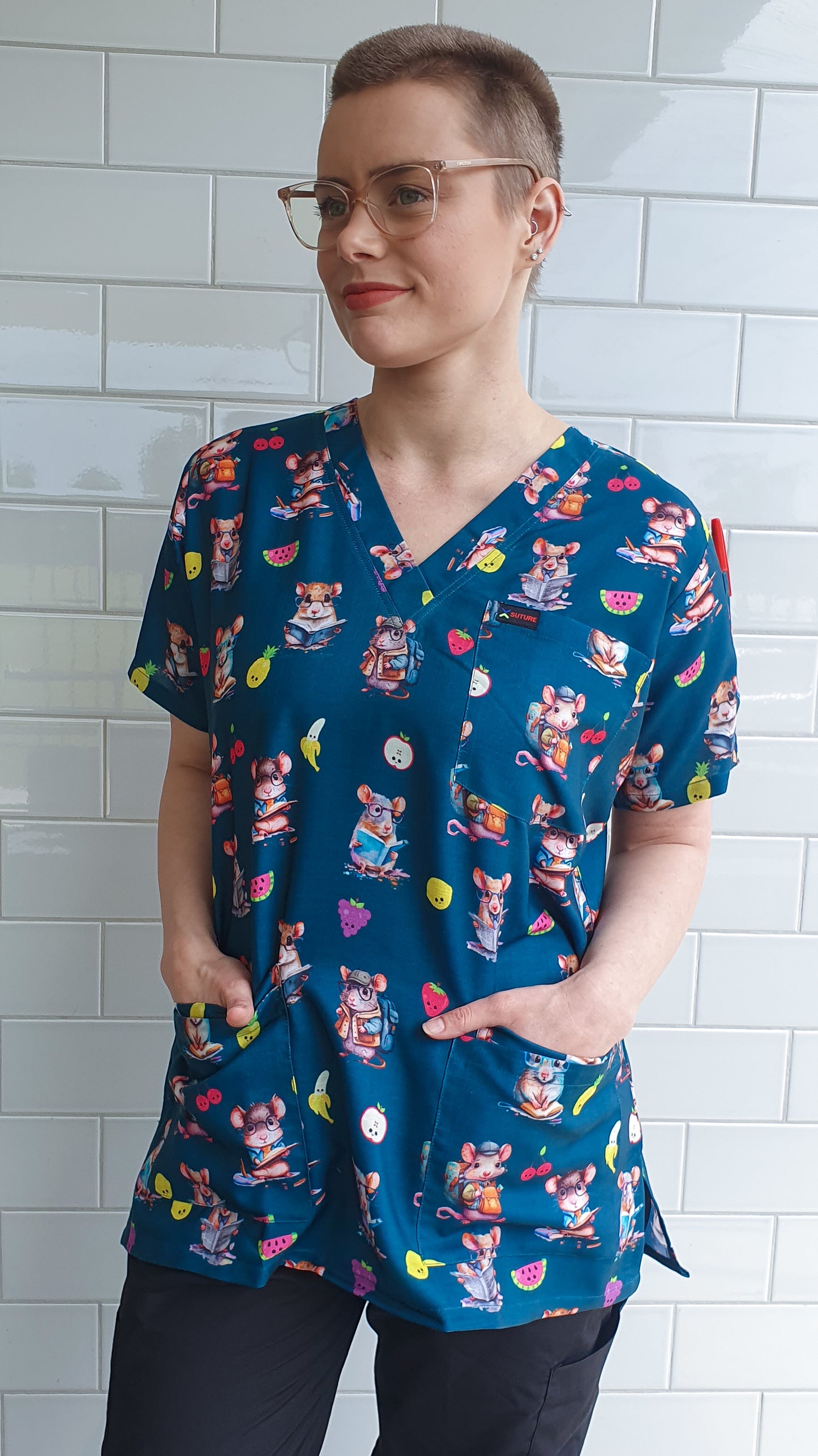 Mouse Rat With Glasses Printed Fun Scrub Top Australia