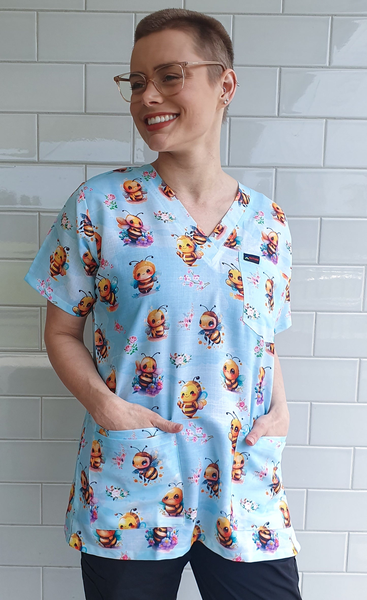 Cute Bees With Flowers Printed Fun Scrub Top Australia